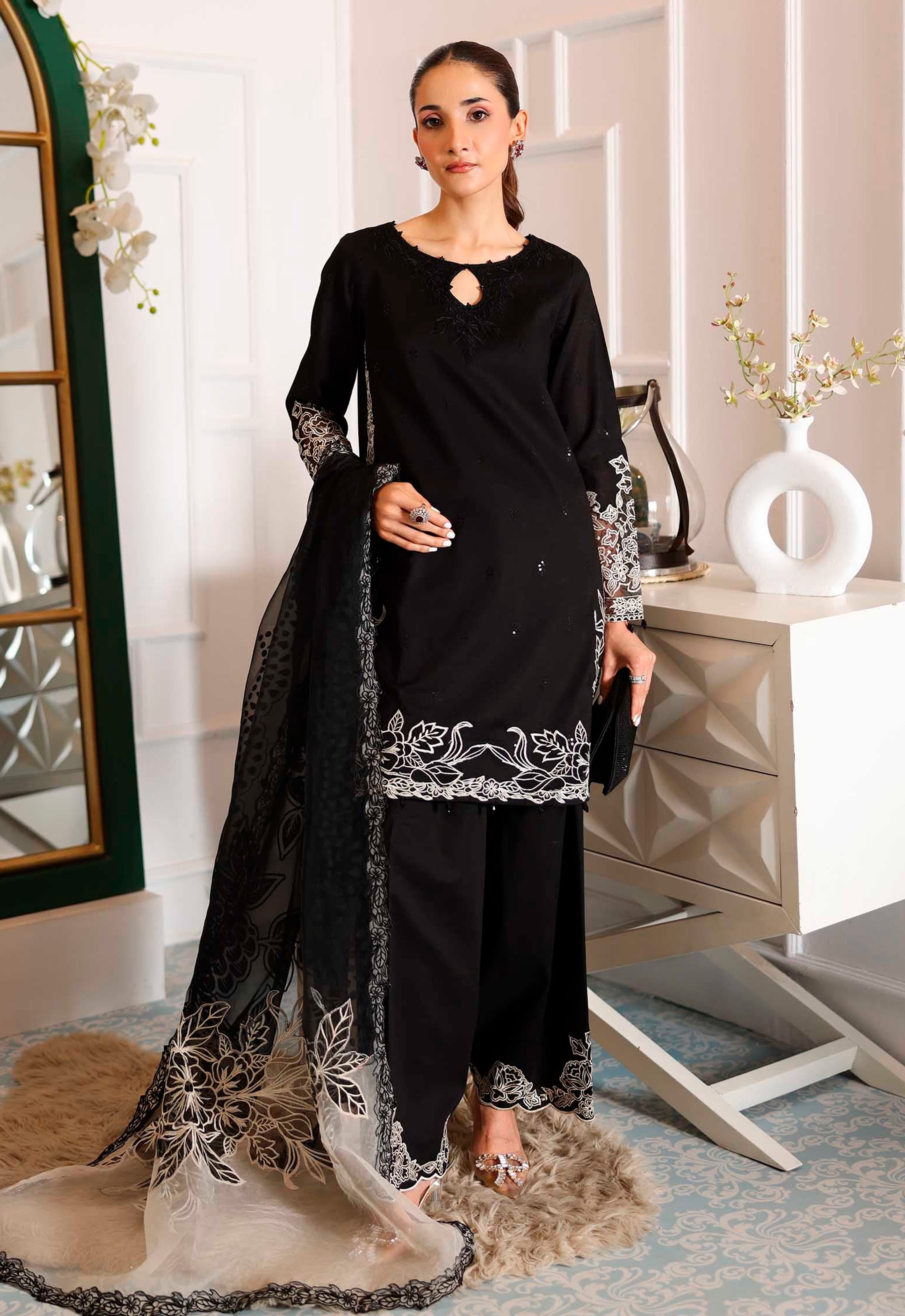 Embroidered Chiffon 3 Piece Unstitched Suit MBL-DW-EA25-67-BLACK - Party Wear