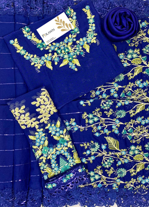 Embroidered Chiffon 3 Piece Unstitched Saree MBC-BD-2704-23-Party Wear