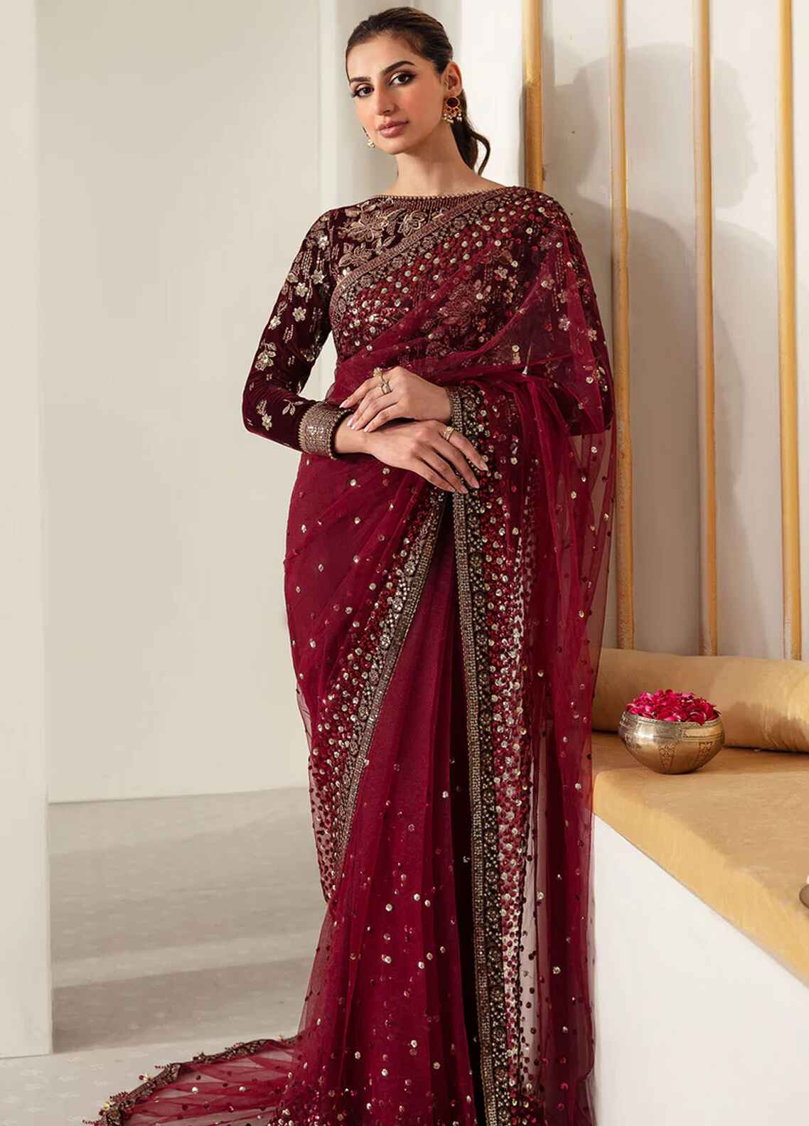 Embroidered Unstitched 3 Piece Velvet Saree Maroon JV-VF-2016 - Party Wear