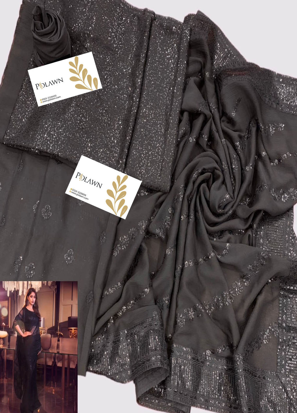 Black Embroidered Unstitched Chiffon Saree  AJC-D08-22-Party Wear