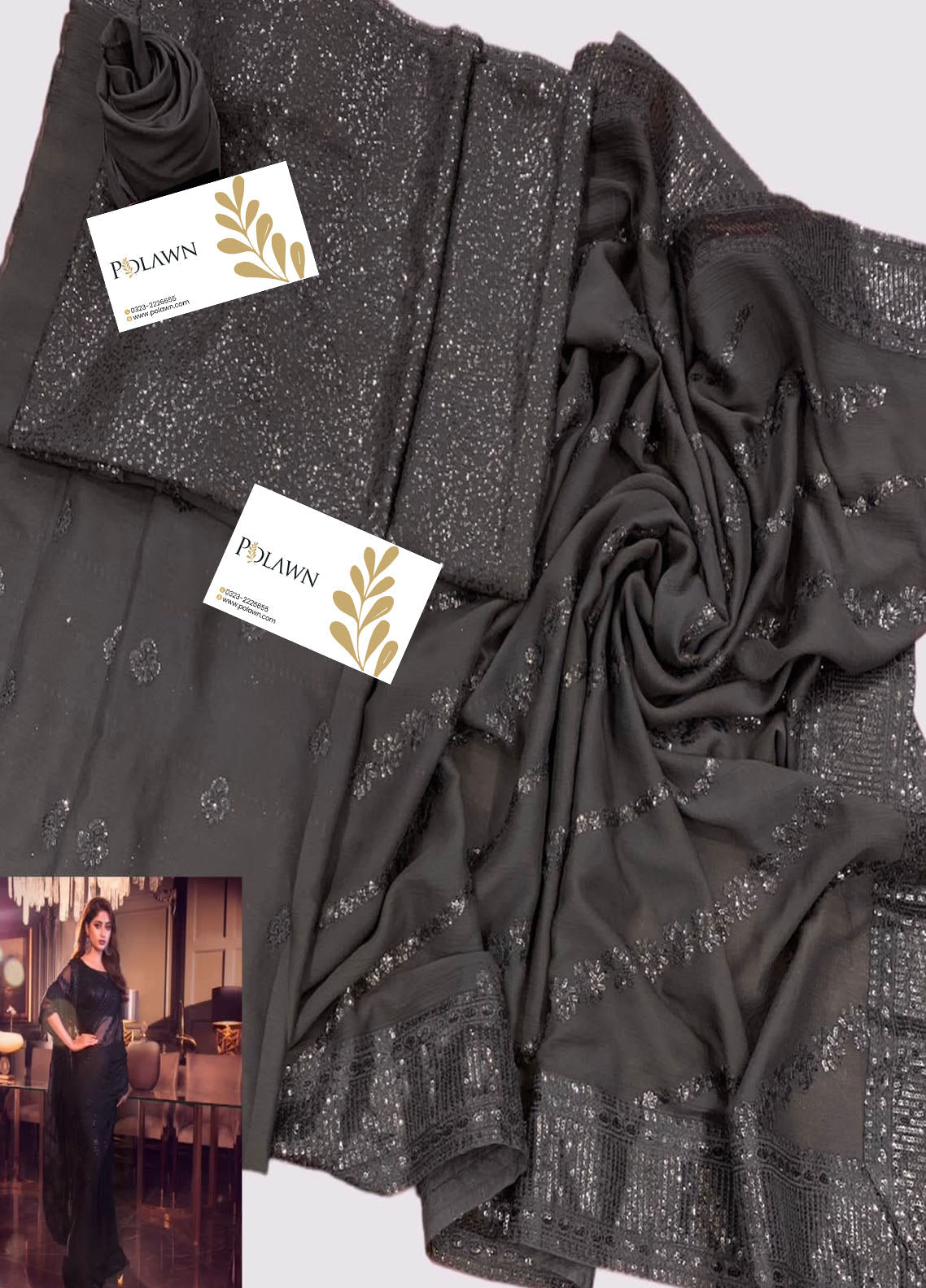 Black Embroidered Unstitched Chiffon Saree  AJC-D08-22-Party Wear
