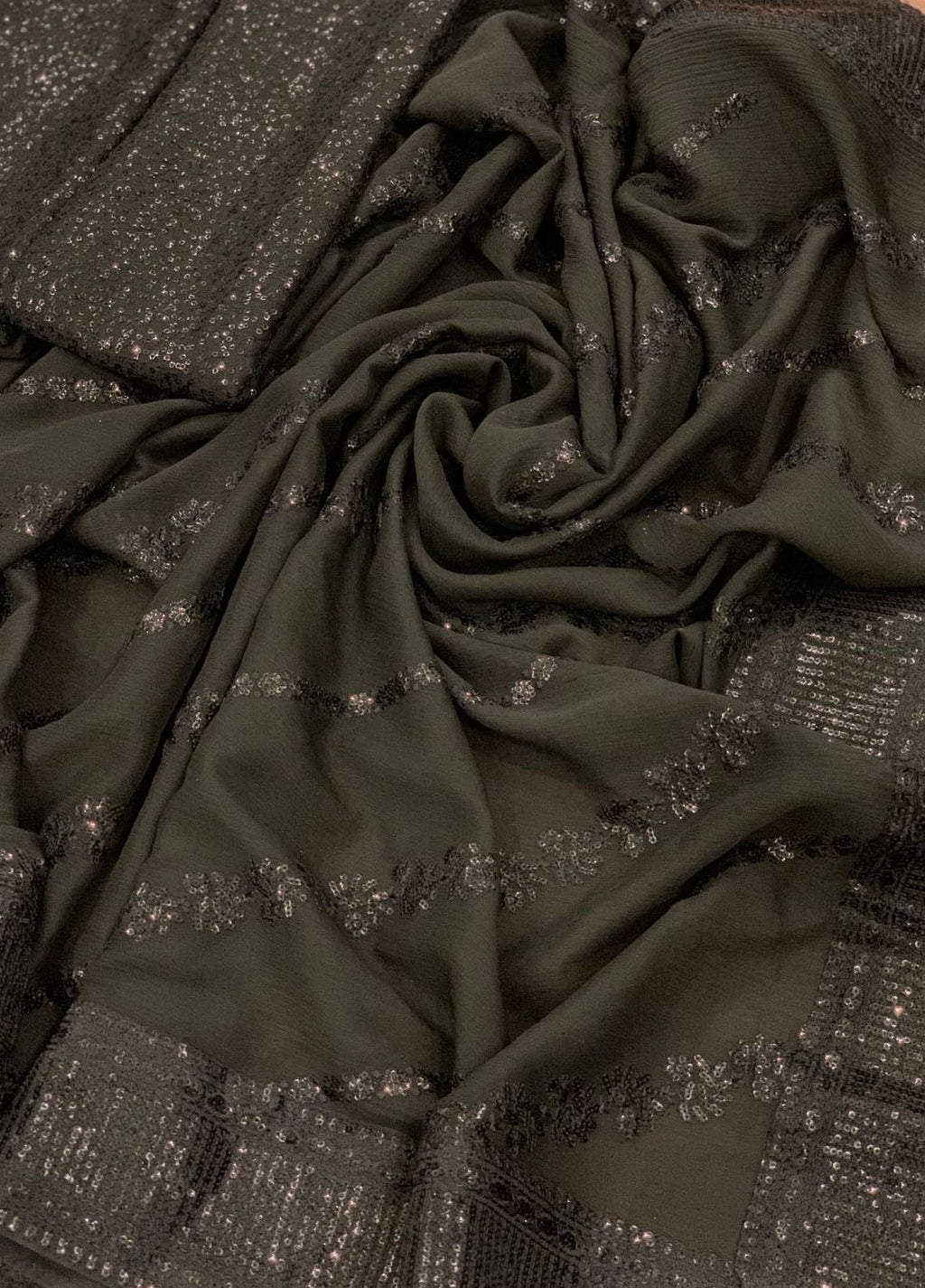 Black Embroidered Unstitched Chiffon Saree  AJC-D08-22-Party Wear