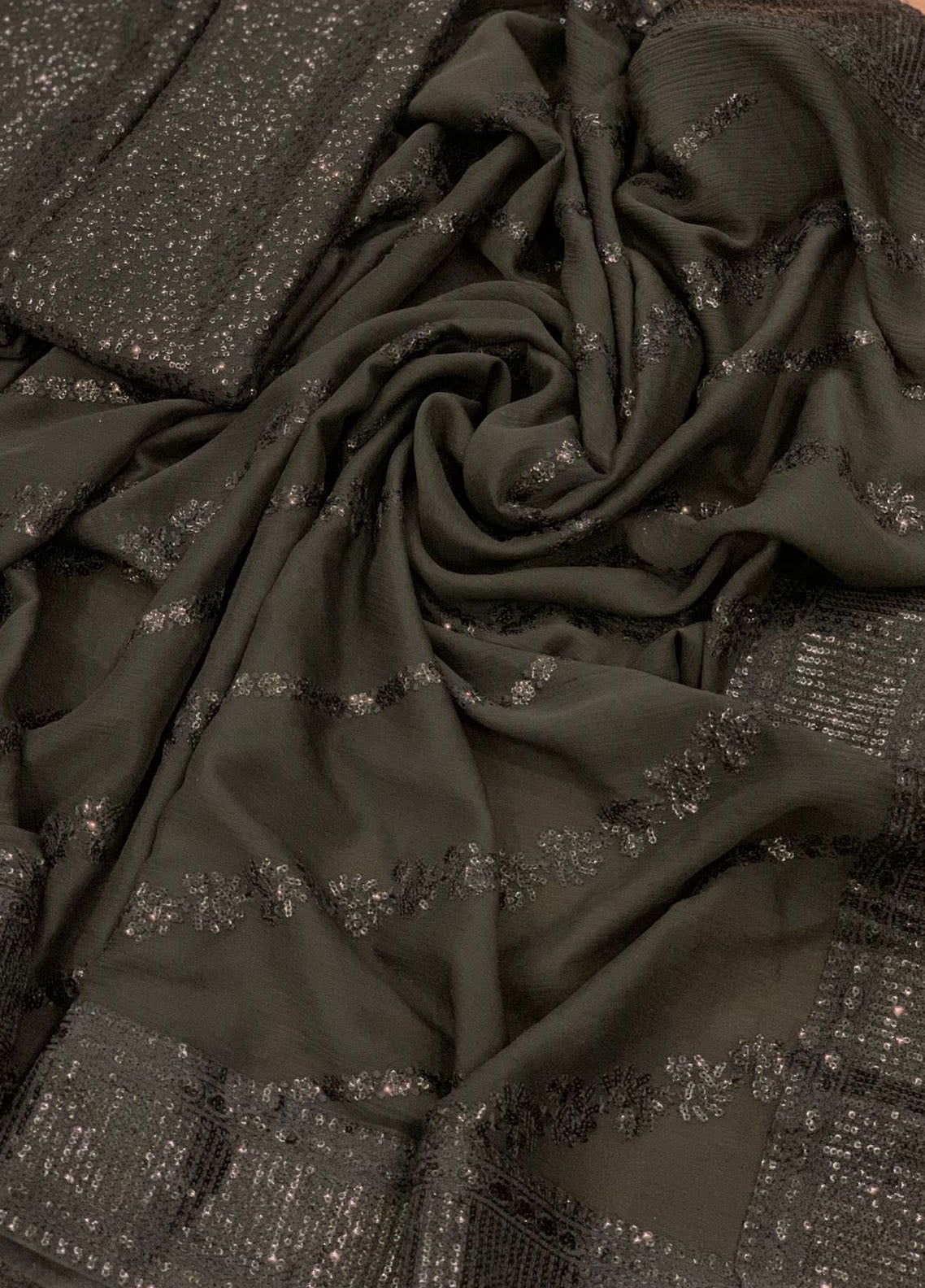 Black Embroidered Unstitched Chiffon Saree  AJC-D08-22-Party Wear