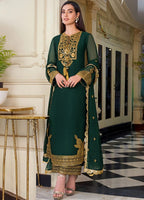 Bottle Green Embroidered Unstitched 3 Piece Chiffon Suit AJIMC-D03-22 -Party Wear