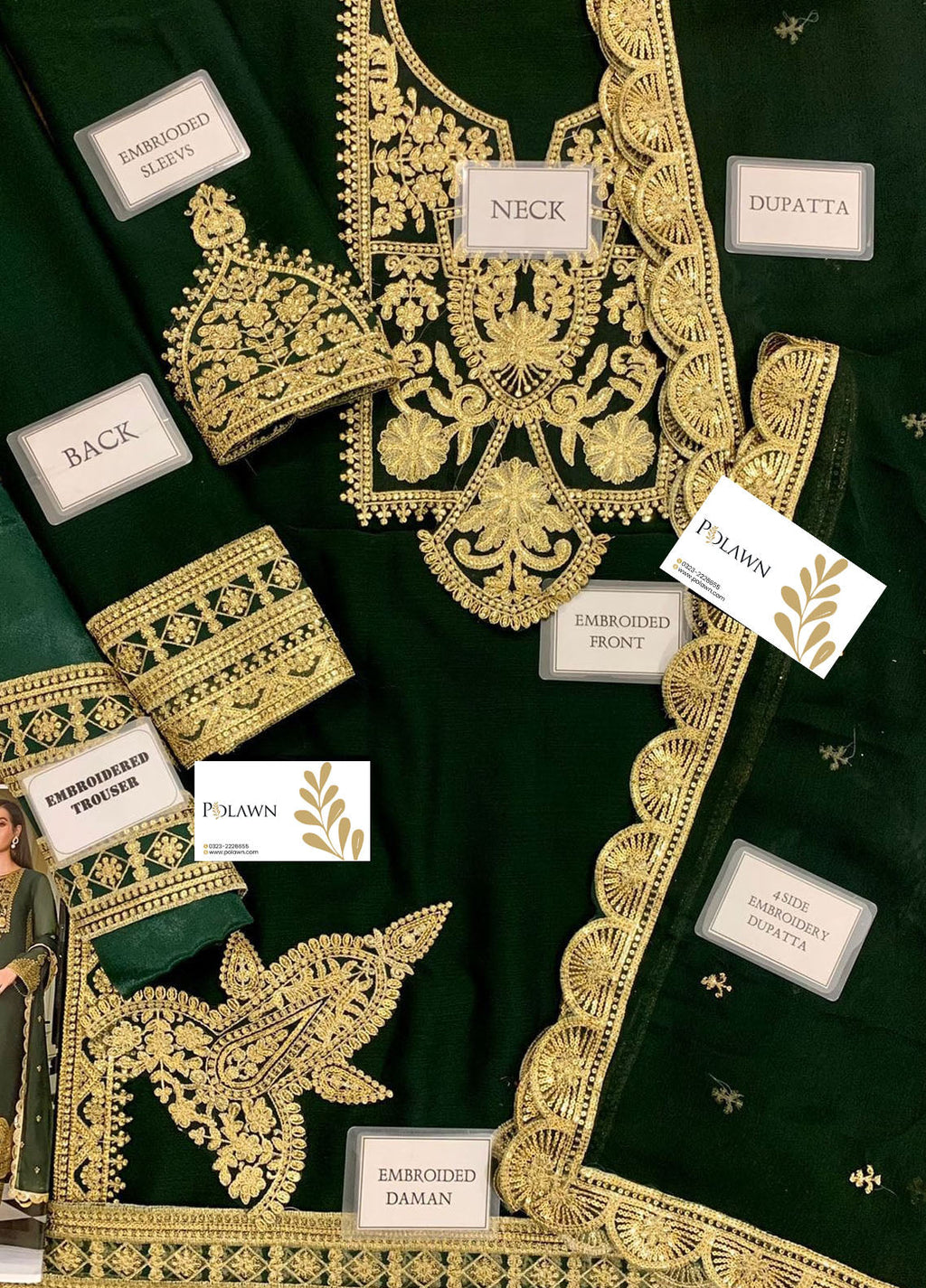 Bottle Green Embroidered Unstitched 3 Piece Chiffon Suit AJIMC-D03-22 -Party Wear