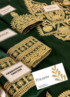 Bottle Green Embroidered Unstitched 3 Piece Chiffon Suit AJIMC-D03-22 -Party Wear