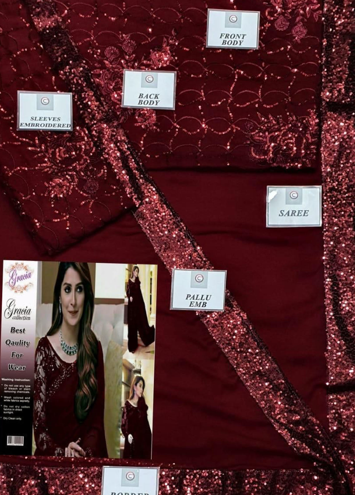 Maroon Embroidered Unstitched Chiffon Saree Ayeza Khan-Maroon-Party Wear
