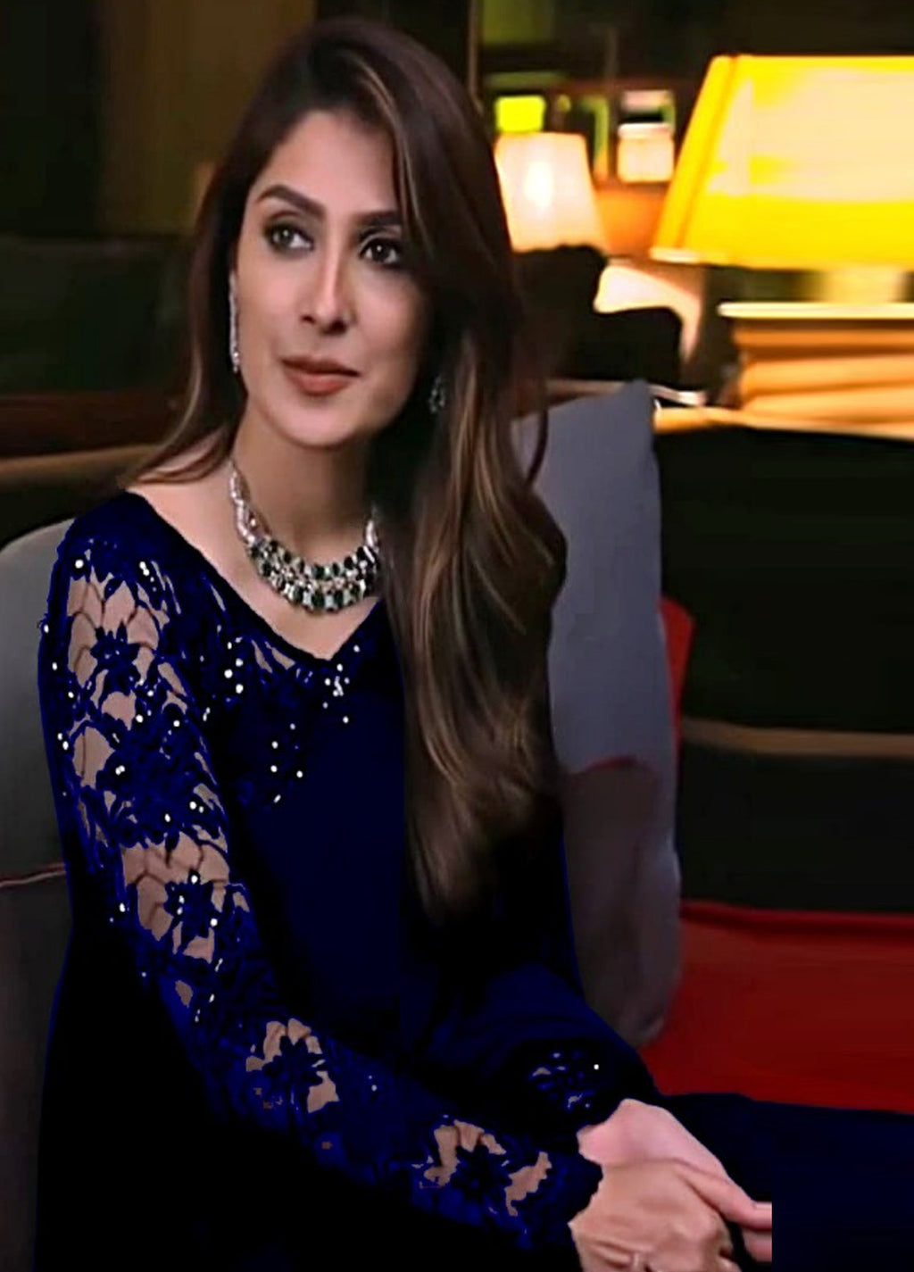 Navy Blue Embroidered Unstitched Chiffon Saree Ayeza Khan-N.Blue Party Wear