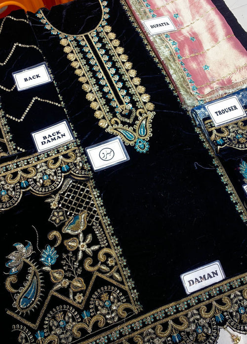 Black Embroidered Unstitched 3 Piece Velvet Suit EAC-MK-02-21-Party Wear