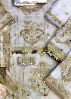 White Embroidered Unstitched 3 Piece Net Frock Hira Mani-White -Party Wear