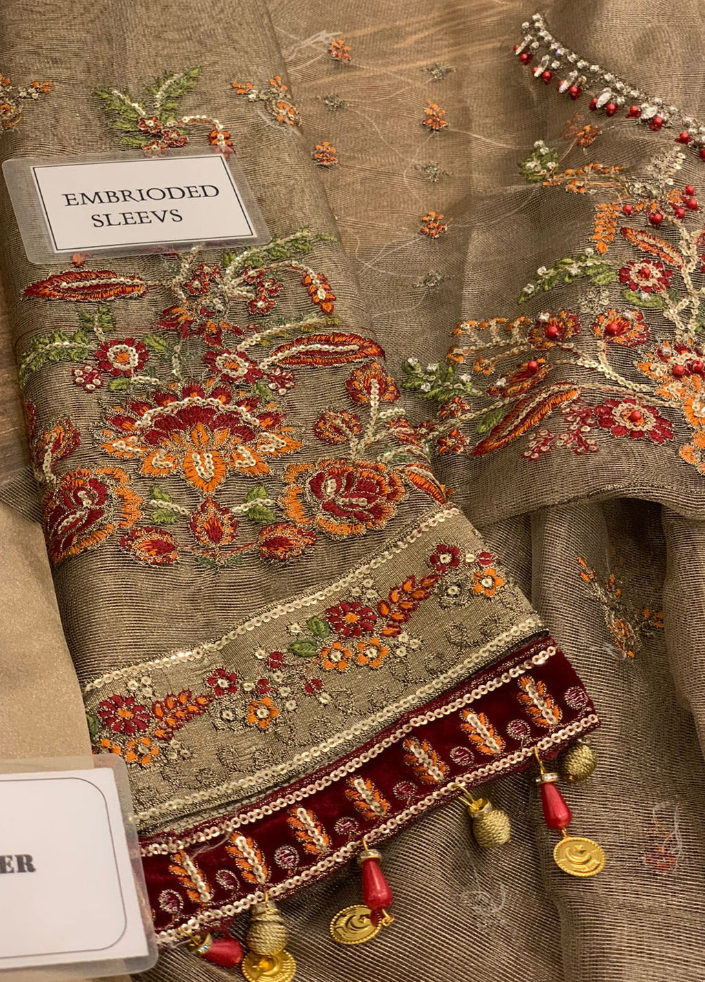 Burnt Gold and Maroon Embroidered Unstitched 3 Piece Organza Suit MBC-BD-2401-22 Party Wear