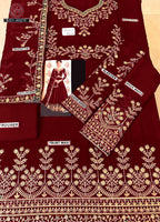 Embroidered Unstitched 3 Piece Chiffon M Maxi-Maroon-Party Wear