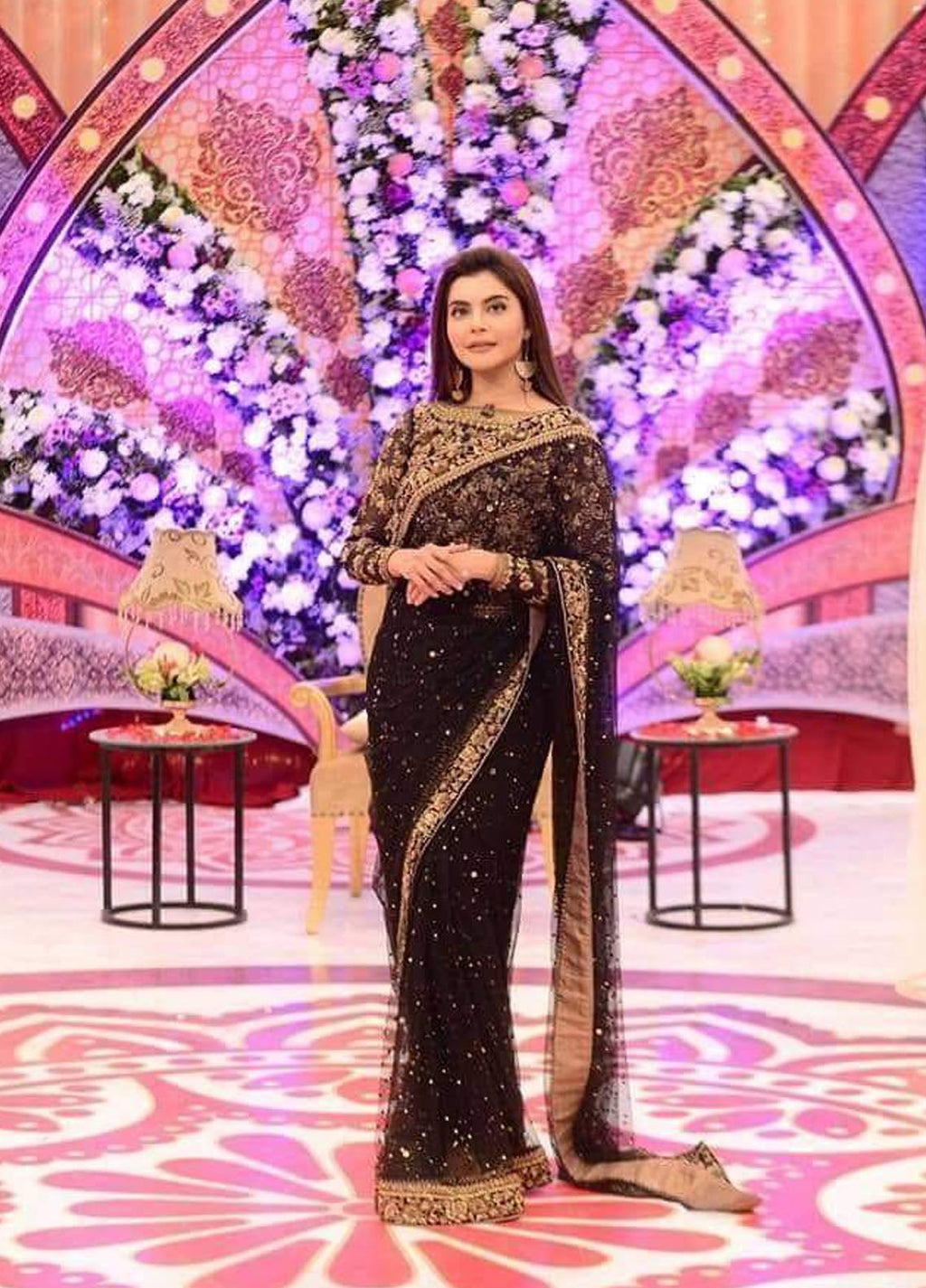 Black Embroidered Unstitched 3 Piece Chiffon Saree Nida Saari-Black-Party Wear