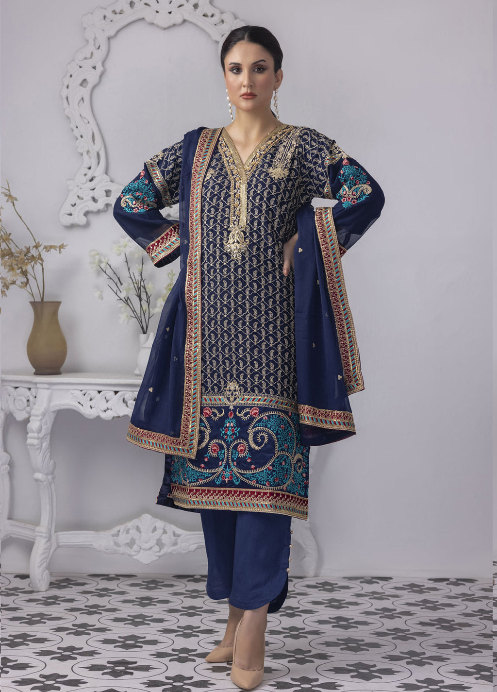 Embroidered Stitched 3 Piece Chiffon Suit PD-23-105 Ready to Wear