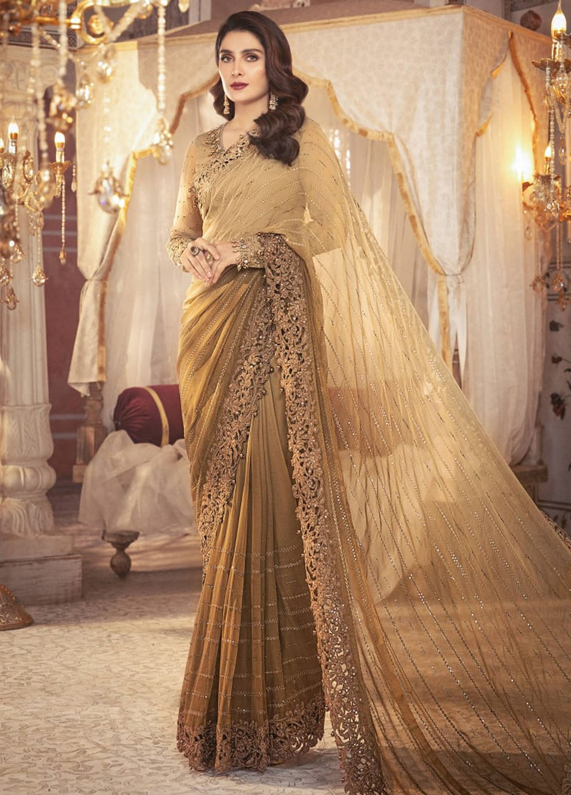Chocolate Cappuccino Embroidered Unstitched 3 Piece Chiffon Saree MBC-BD-2306-Party Wear