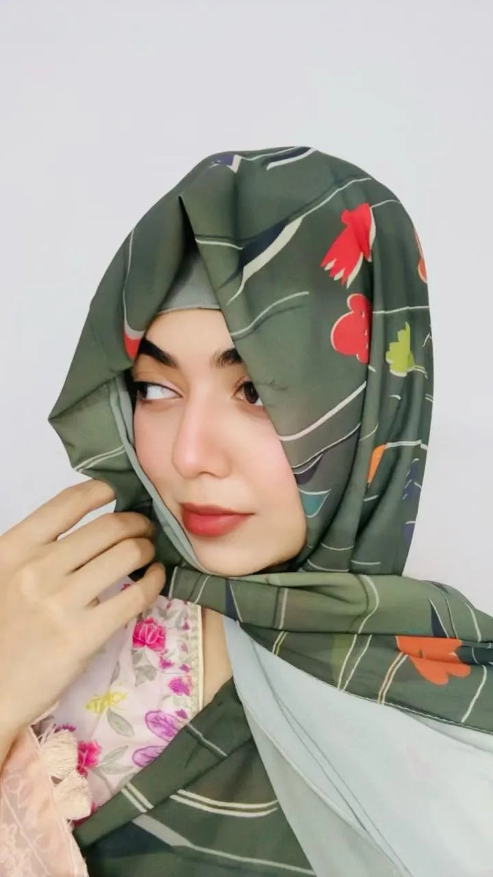 2 in 1 Digital Printed Hijab with Attached Tube Cap