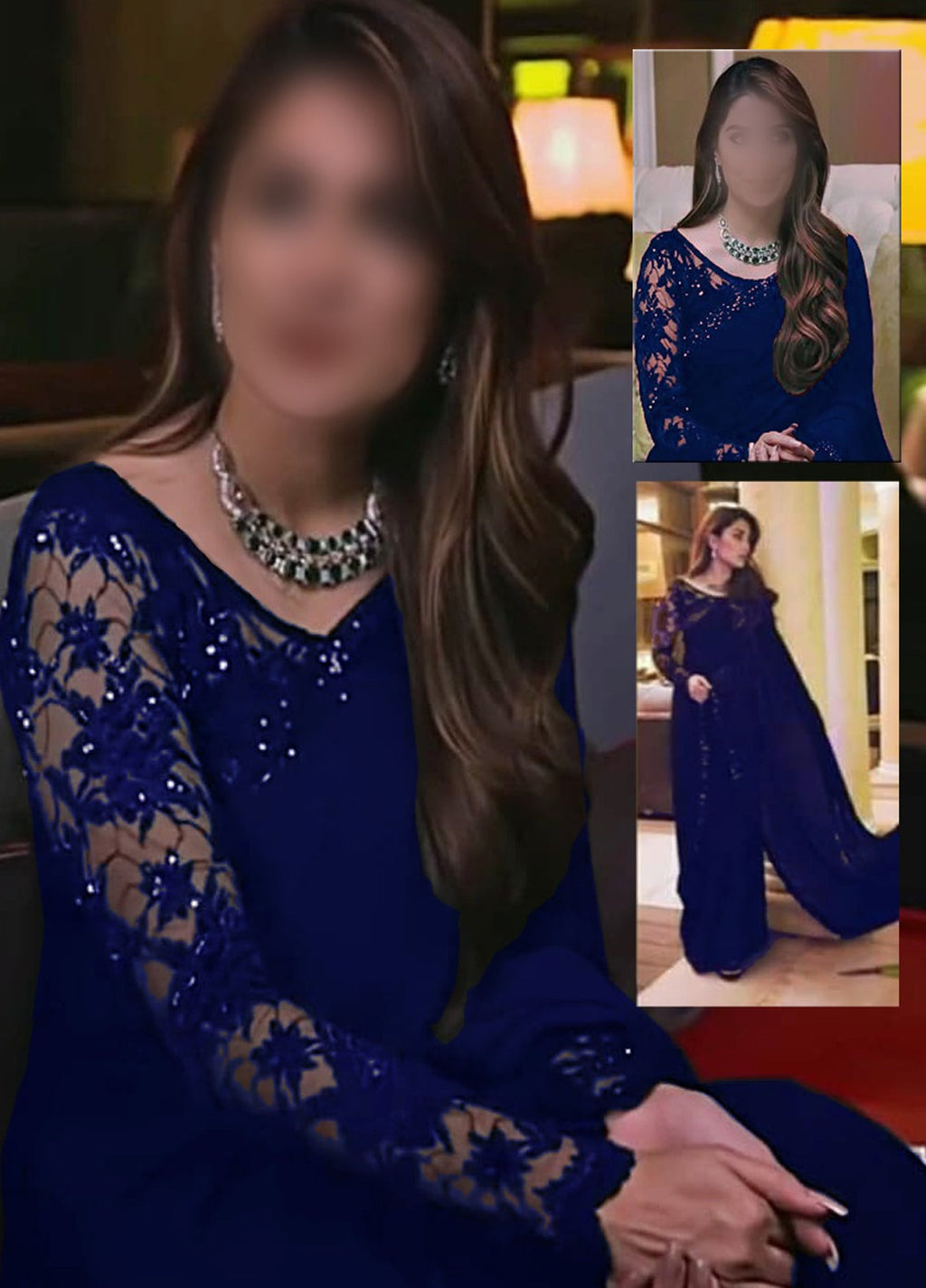 Navy Blue Embroidered Unstitched Chiffon Saree Ayeza Khan-N.Blue Party Wear