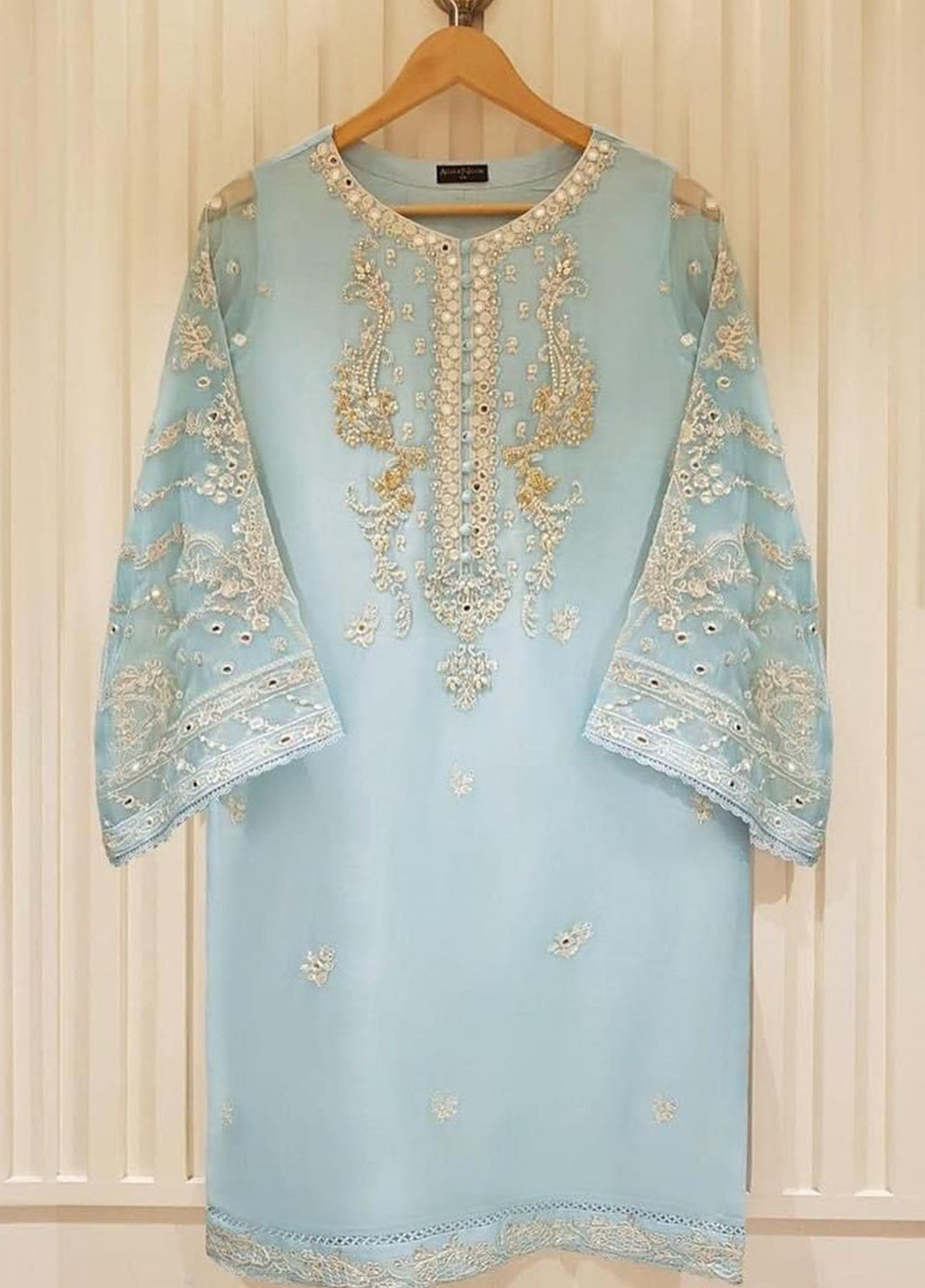 Embroidered Unstitched 3 Piece Orgnaza Suit Sky Blue Mirror-Party Wear