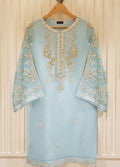 Embroidered Unstitched 3 Piece Orgnaza Suit Sky Blue Mirror-Party Wear